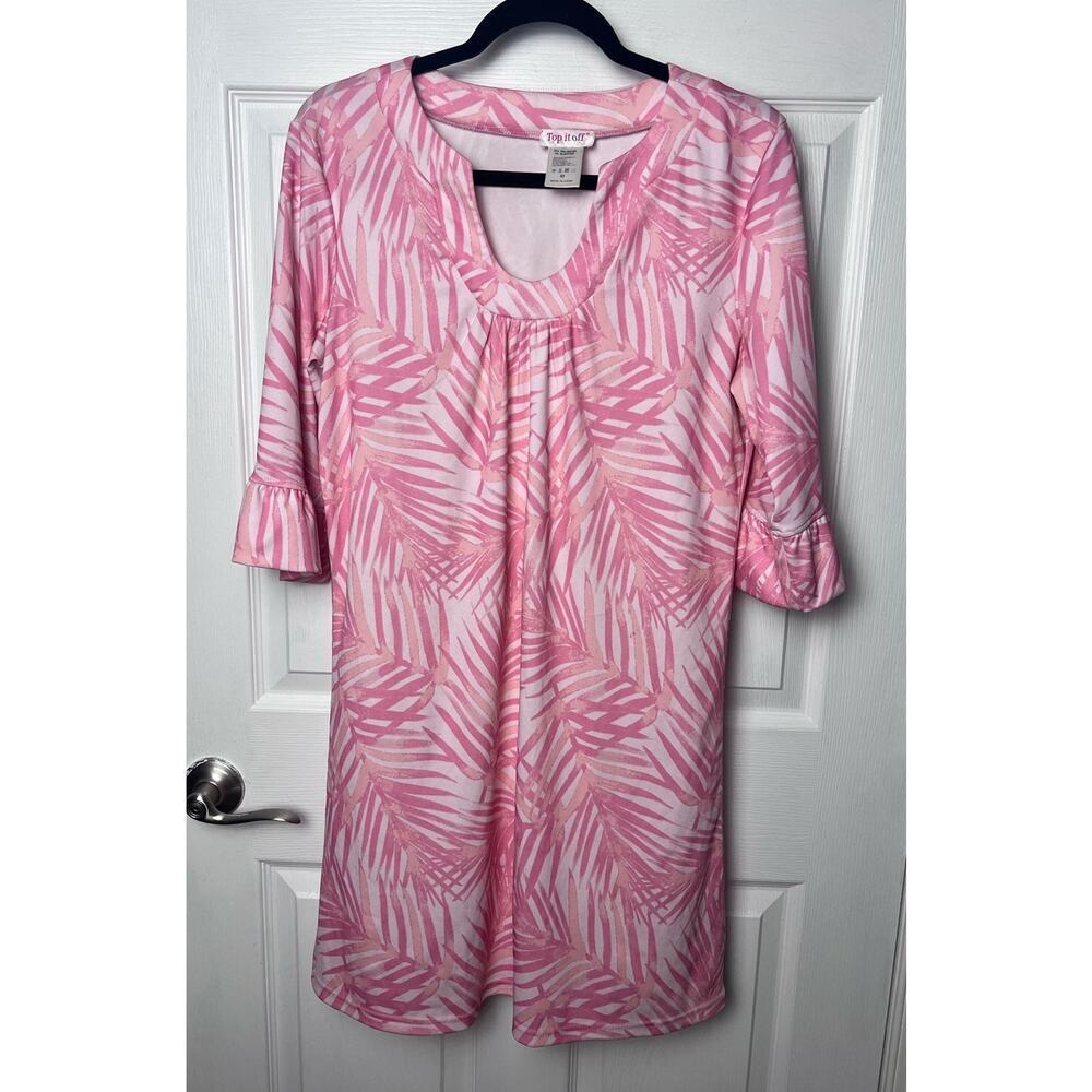 Top It Off Pink White Tropical Leaf 3/4 Bell Sleeve Pullover Dress Size Medium